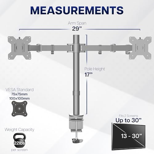 VIVO Dual Monitor Desk Mount, Heavy Duty Fully Adjustable Steel Stand, Holds 2 Computer Screens up to 30 inches and Max 22lbs Each, Gray Color, STAND-V002-GY - Image 4