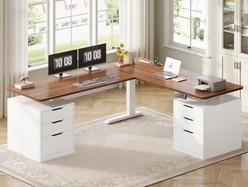 SEDETA L Shaped Electric Standing Desk, 66.9" x 57.1" Height Adjustable Corner Desk with 6 Drawers & Built-in Power Outlet, 3 Memory Presets, 200lbs Capacity, White + Brown by SEDETA