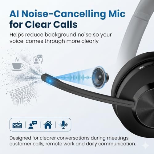 Voistek Wireless Headset with Mic for Work, Bluetooth Computer Headphones(Bluetooth 5.3 + USB Dongle) w/Noise Cancelling Mic & Mute Button for Work,Home Office,Zoom,Teams,Online Meetings (Black) - Image 3