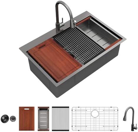 Sarlai 33 Black Kitchen Sink with Faucet- 33x22 Inch Drop In Kitchen Sink Gunmetal Black Ledge Workstation Sinks 16 Gauge Stainless Steel Single Bowl Topmount Sinks Basin with Pull-out Faucet by Sarlai