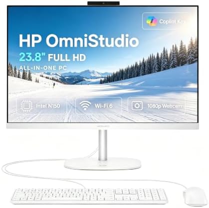 HP OmniStudio All‑in‑One Desktop, 24‑Inch Full HD Display, Intel N150 Quad‑Core CPU, 16GB DDR5 RAM, 128GB UFS Storage, WiFi 6, Bluetooth 5.4, Wired Keyboard & Mouse, Windows 11, Cashmere White by Unknown
