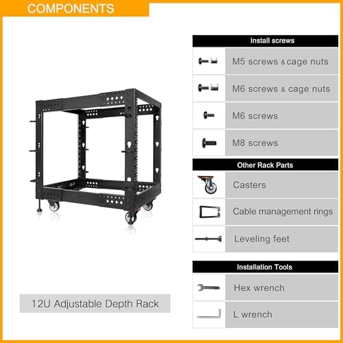 RIVECO 12U Server Rack Adjustable Depth Network 4 Post Cabinet Open Frame with Leveling Feet & Wheels Fully Rivets 1400 LBS - Image 5