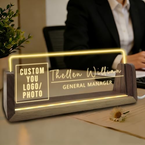 Desk Name Plate Personalized with Logo Custom Light Up Acrylic Plaque for Desk Customized Office Gifts for Boss Coworkers Teacher Employee Office Decor for Women Men by YAEILOV