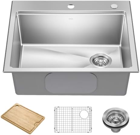 KRAUS Fairlane 25 in Drop In/Top Mount Workstation Single Bowl 18-Gauge Stainless Steel Kitchen Sink with Accessories, KWT611-25 by Unknown