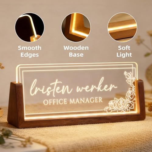Personalized Light Up Acrylic Desk Name Plate - Custom Name Plate for Desk with Walnut Wood Base - Appreciation Office Gifts for Employees, Teacher, Social Worker (Rose-2) - Image 7