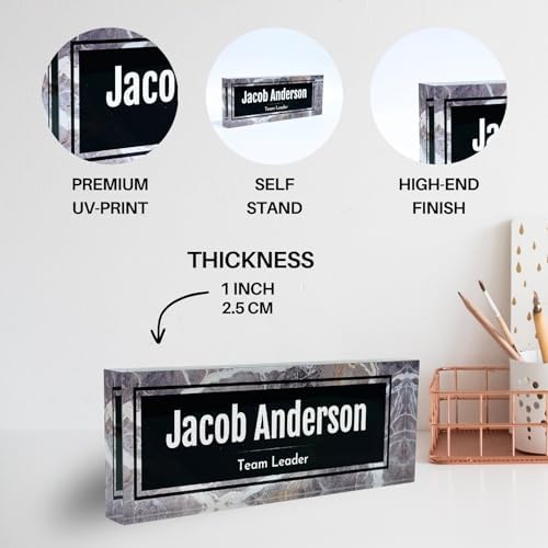 Customized Clear Acrylic Thick 8x3" Desk Name Plate Block with Personalized Logo - Professional Office Decor - Customized Acrylic Plate Gift for Teacher Co-workers (Black-White Marble) - Image 4