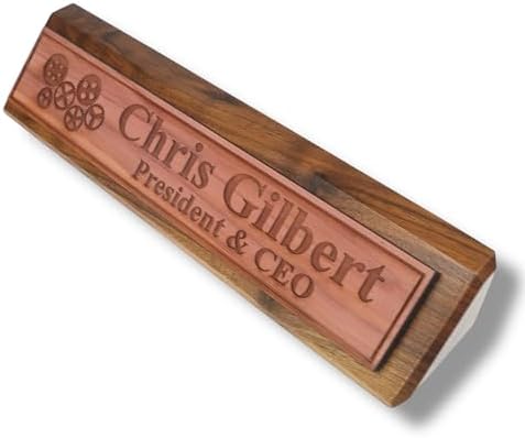Desk Wedge Name Plate - PERSONALIZED - Gears - 11 Inches (Genuine Walnut) by HipFlaskPlus