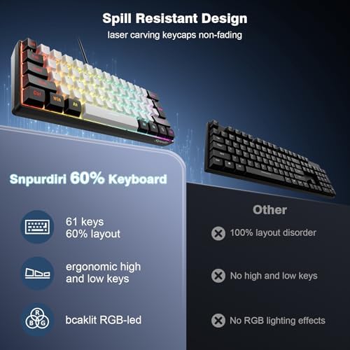 Snpurdiri 60% Wired Gaming Keyboard, 61 Keys, Black-White - Image 6