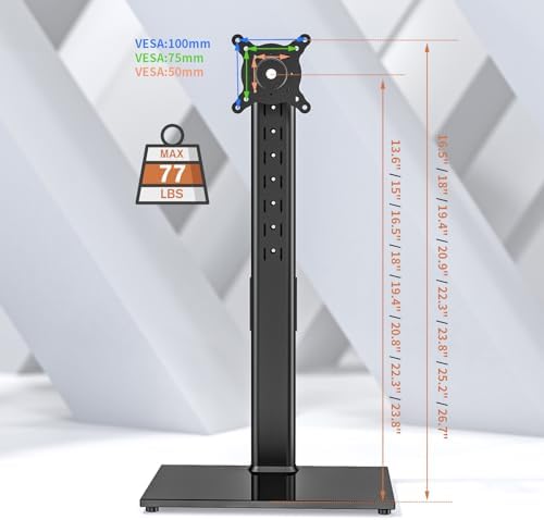 Single Monitor Stand Freestanding 27-43 Inch Monitor Arm Curved Screen Monitor Mount Tempered Glass Base Adjustable Motion Tilt -15° to 10° Swivel ±45° Rotation 360° Weight Capacity 77lbs HT05B-003 - Image 6