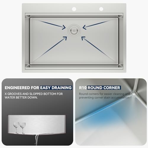 LORDEAR 30x22 Inch Drop In Kitchen Sink Stainless Steel Workstation Kitchen Sinks 16 Gauge Single Bowl Sink with Ledges 30 inch Topmount Kitchen Sinks Round Corners - Image 4