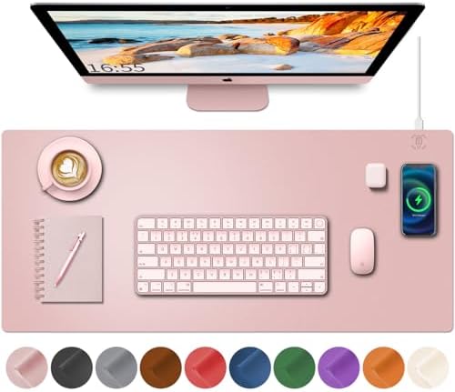 Desk Mat with Wireless Charging, Pink Mouse Pad with Wireless Charger, Desk Pad Matt for Desktop, Mousepad Gaming Large Mouse Pad, Leather Compute for Keyboard and Mouse, 32" x 16" by HopeLum