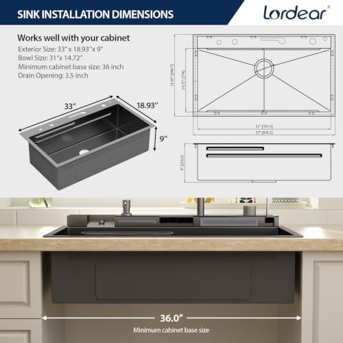 Lordear 33 Inch Black Drop In Smart Kitchen Sink with Waterfall Faucet - Image 7