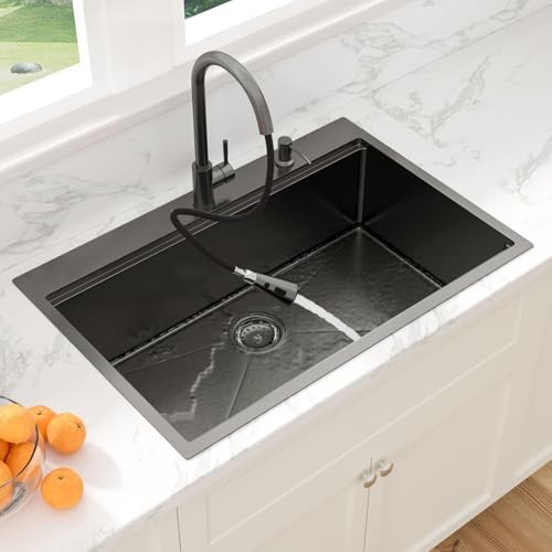 Sarlai 33 Black Kitchen Sink with Faucet- 33x22 Inch Drop In Kitchen Sink Gunmetal Black Ledge Workstation Sinks 16 Gauge Stainless Steel Single Bowl Topmount Sinks Basin with Pull-out Faucet - Image 4