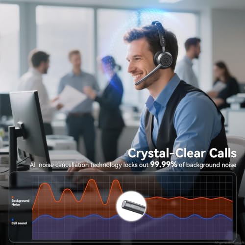 Wireless Headset with Mic for Work, Wireless Headphones with Mic(Noise Cancelling & Mute Button),65H Battery with Charge Base Bluetooth Headset with Microphone for PC/Call Center/Computer/Teams/Zooms - Image 2