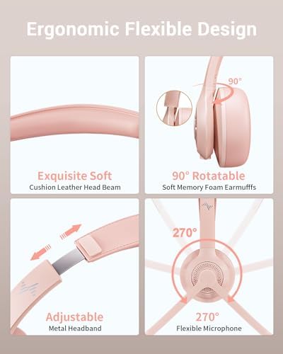 JIAMQISHI Pink Wireless Bluetooth Headset 5.2, AI Noise Cancelling Mic Headphones with USB Dongle Mute for Laptop & Cell Phones - Image 6