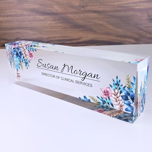 ARTBLOX Personalized Acrylic Teacher Desk Name Plate, Blue Leaf Design - Image 2