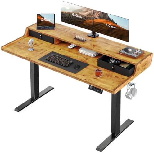 ErGear Electric Standing Desk with Drawers, 55″ x 28″ Gaming Table Compatible Monitor Stand, Stand up Desks, Home Office Height-Adjustable Desk with Storage Shelf, 4 Preset Heights, Vintage Brown by ErGear