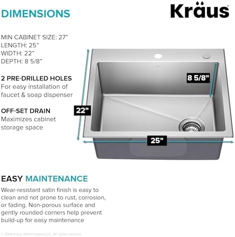KRAUS Fairlane 25-inch Drop In/Top Mount Single Bowl 18-Gauge Stainless Steel Kitchen Sink, KHT641-25 - Image 3