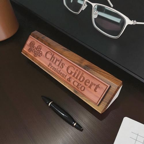 Desk Wedge Name Plate - PERSONALIZED - Gears - 11 Inches (Genuine Walnut) - Image 5