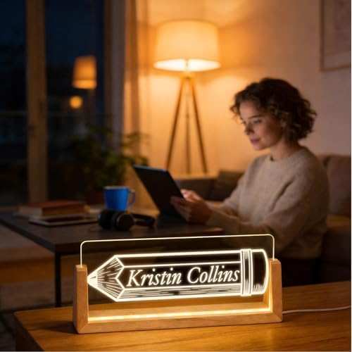 Personalized Light Up Acrylic Desk Name Plate - Custom Name Plate for Desk with Walnut Wood Base - Appreciation Office Gifts for Employees, Teacher, Social Worker (Pencil) - Image 4
