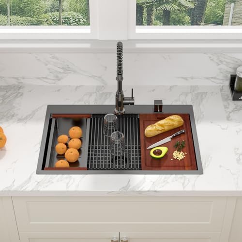 Sarlai 30 Drop Kitchen Sink Black Stainless Steel - 30 x 22 Inch Kitchen Sink Drop In Topmount Ledge Workstation 16 Gauge Gunmetal Black Stainless Steel Single Bowl Over Counter Sinks With Accessories - Image 3