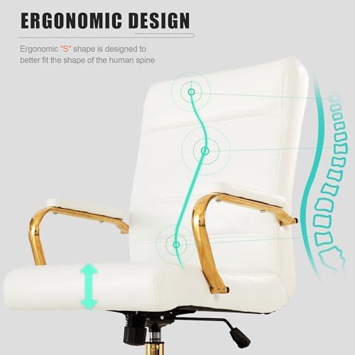 Office Desk Chair,Modern Leather Conference Room Chairs,High Back Home ofiice Chair,Adjustable Height Swivel Executive Computer Chair with Armrest and Padded Seat,White/Gold - Image 5