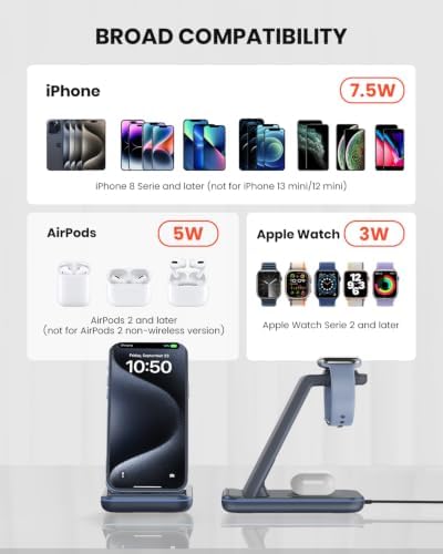 GEEKERA Wireless Charger, 3 in 1 Wireless Charging Station for iPhone Air/17/16/15/14/13/12/11/Pro Max/X/8, Phone and Watch Charger Stand for Apple Watch Ultra 3-2/11-2/SE, AirPods Pro/4/3/2, gunmetal - Image 6