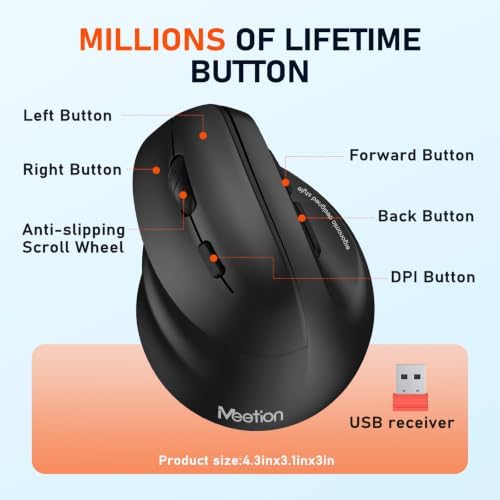 MEETION Left-Handed Wireless Ergonomic Vertical Mouse, Rechargeable - Black - Image 5