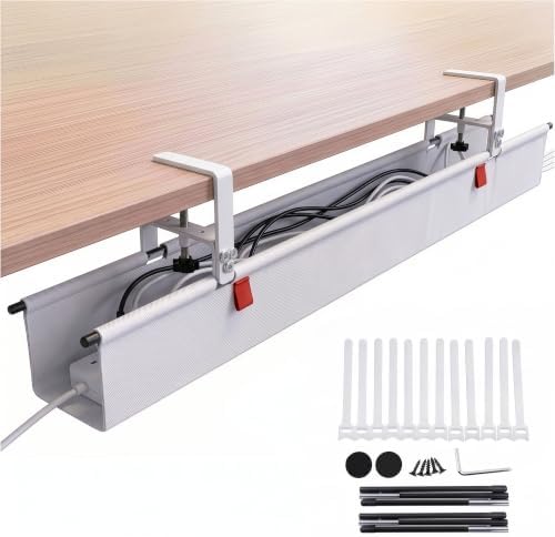 Under Desk Cable Management Tray 48" — No Drill Clamp-On Cord Organizer for Desk with Built-in Ties, Heavy Duty Metal Clamp, Foldable 600D Oxford Fabric for Home Office, WFH & Gaming PC Setup (White) by Unknown