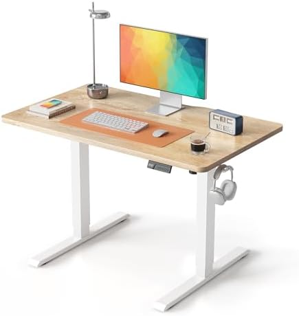 DESINO Standing Desk, 32 × 19 Inches Electric Height Adjustable, Sit and Stand Up, Computer Office Desk with Splice Board, White Frame/Oak TOP by DESINO