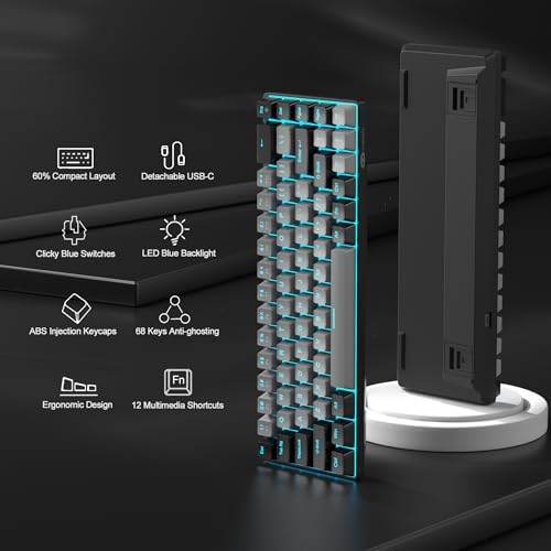 MageGee Portable 60% Mechanical Gaming Keyboard, MK-Box LED Backlit Compact 68 Keys Mini Wired Office Keyboard with Blue Switch for Windows Laptop PC Mac - Grey/Black - Image 2