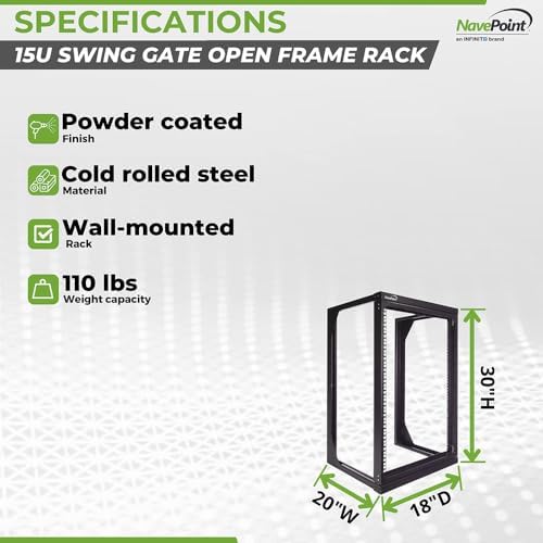 NavePoint 15U Open Frame Server Rack for 19" IT Network Equipment & A/V Devices, Free Standing or Wall Mount Rack with 180 Degrees Gate Swing, Black - Image 4