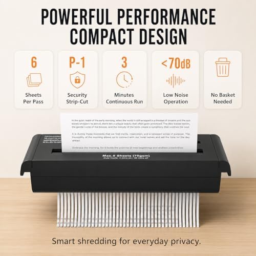 Compact Strip-Cut Paper Shredder, 6-Sheet Capacity, P-1 Security Level, 3-Minute Continuous Run, 4 Control Modes, Fits Most Trash Cans, Black - Image 2