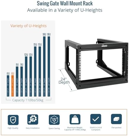 Tecmojo 6U Wall Mount Server Rack Swing Gate, Wall Mount Rack for 19in Computer/AV/Data/IT/Media Equipment, Open Frame Server Rack with 24in Depth, Square&Tapped Holes - Image 5