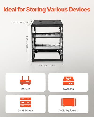 VEVOR 12U Open Frame Network Rack, 23 in Depth, Wall Mounted or Floor Standing Server Rack, Heavy Duty 4 Post, with Vented Shelves & Mounting Hardware, Holds All Your Networking IT Equipment AV Gear - Image 4