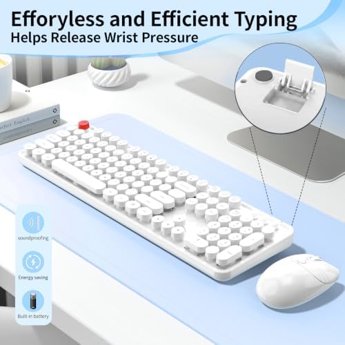 Wireless Keyboard Mouse, MOFII 104 Keys Cute Retro Typewriter White - Image 6