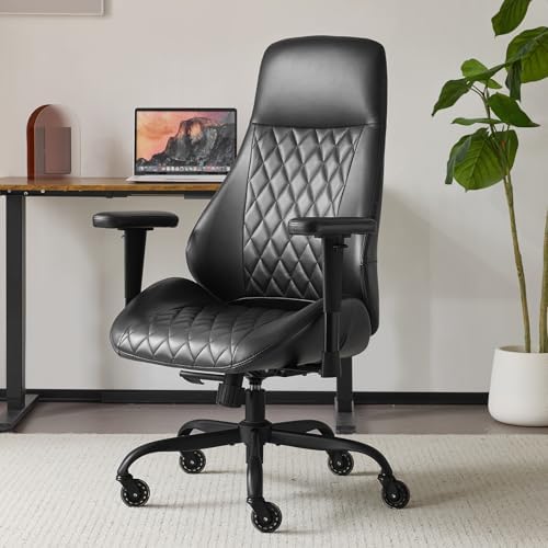 YFO Home Office Desk Chair High Back Office Rubber Chair Casters Ergonomic Computer Chair with Lumbar Support Adjustable Height Rolling Swivel Chair Executive Task Armrests, Black PU by YFO