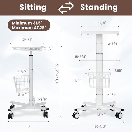 Mobile Laptop Cart on Wheels, Adjustable Height Mobile Laptop Cart with Pneumatic Lifting(31.5" - 47.25"), Storage Basket, Cup Holder, Cable Management for Home, Office and Salon, Cold-Rolled Steel - Image 2