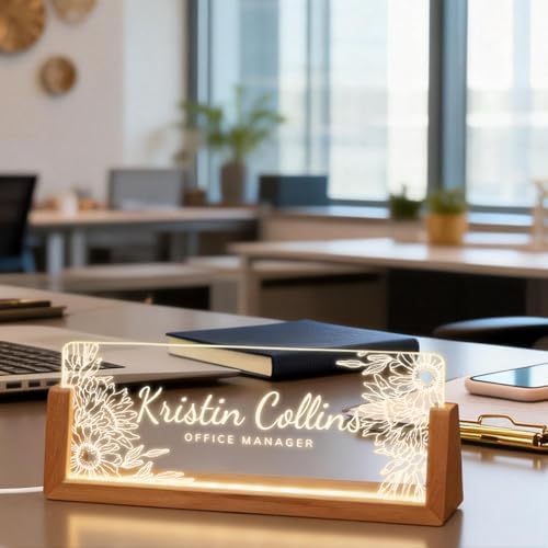 Personalized Light Up Acrylic Desk Name Plate - Custom Name Plate for Desk with Walnut Wood Base - Appreciation Office Gifts for Employees, Teacher, Social Worker (Sunflower) - Image 2