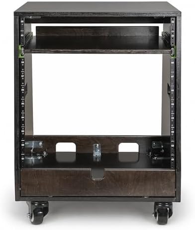 Sound Town DIY Slanted 10U Studio Rack (2U Top + 8U Lower) with 2U Bottom Storage, Slide-Out Tray, Casters, for Home Studio and Recording Room, Birch Plywood, Black Espresso (SDRK-ST10TD) - Image 2