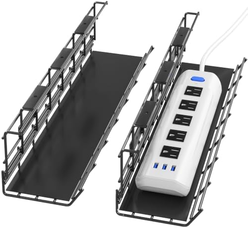 2 Pack DELAMU Under Desk Cable Management Tray, Metal Cord Cable Organizer for Desk, Easy Install Pre-drilled Wire Management Wire Organizer for Office & Home by DELAMU