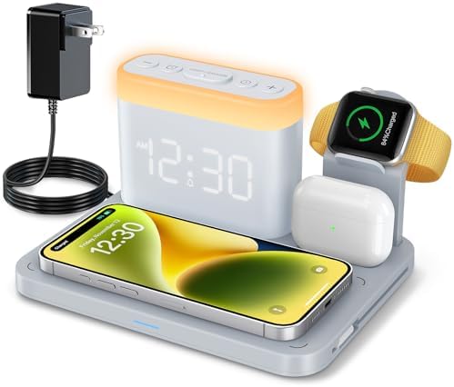 ANJANK Wireless Charging Station with Alarm Clock & Night Light,Magnetic 5 in 1 Charger Stand for Multiple-Device,Charging Dock for iPhone 17 16 15 14 13 12 Pro Max Plus,Apple Watch,Airpods,Nightstand by ANJANK