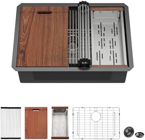 Black Undermount Kitchen Sink - Mocoloo 27x19 Inch Undermount Workstation Kitchen Sink Gunmetal Black 16 Gauge Stainless Steel Single Bowl Handmade Sink Basin by MocolooHome