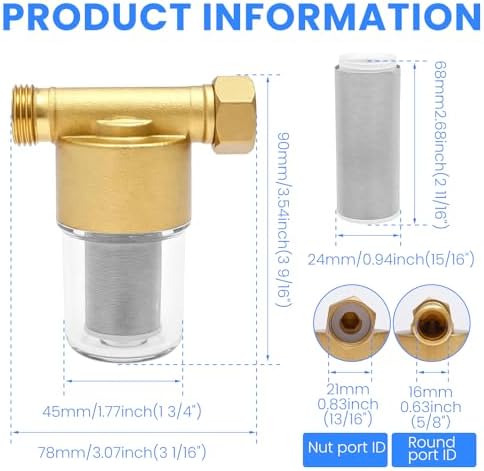 Brass Inline Water Filter, 40 Micron Reusable Spin Down Sediment Filters, Stainless Steel Pre-Filter for Washing Machine, Shower, Water Heater and Faucet, Anti-Scale & Impurity Removal - Image 6