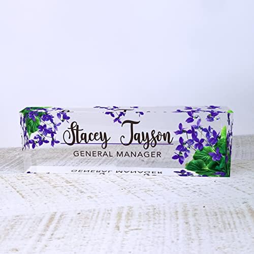 Artblox Personalized Name Plate For Desk | Violets Flowers Design On Clear Acrylic Glass | Custom Desk Name Plate Personalized With Your Name And Credentials For Teacher Phd Military Office Name Plate - Image 2