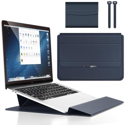 4 in 1 Ergonomic Workstation Set - Foldable Laptop Sleeve and Stand, Premium Leather Portable Computer Riser for 11-17 Inch Laptops, Waterproof Travel Organizer with Cooling Design (Blue,15-15.6") by Krisuary