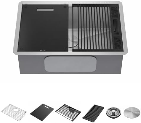 DELTA FAUCET Rivet 27-Inch Workstation Kitchen Sink Undermount 16 Gauge Stainless Steel Single Bowl with WorkFlow Ledge and Chef’s Kit of 6 Accessories, 95B931-27S-SS by Unknown