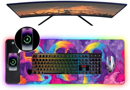 Wireless Charging RGB Gaming Mouse Pad, 31.5 x 11.8 Inch Extended Mouse Mat with Neon Skull Art Design, LED Desk Pad with 7 Lighting Modes, Non-Slip Base for Gaming & Office - Image 4