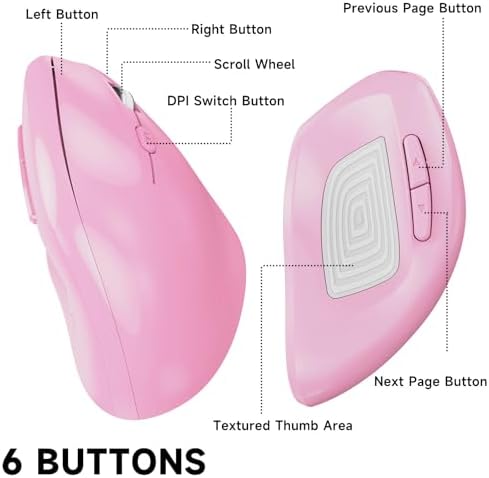 memzuoix Ergonomic Wireless Mouse, 2.4G Optical Cordless, 800/1200/1600 DPI, Vertical Computer Mouse for Laptop, Mac, PC, Desktop (Right Hand, Large) - Pink - Image 6