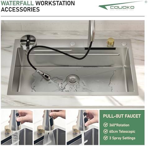 33 Inch Drop In Workstation Waterfall Kitchen Sink with Accessories - Image 6